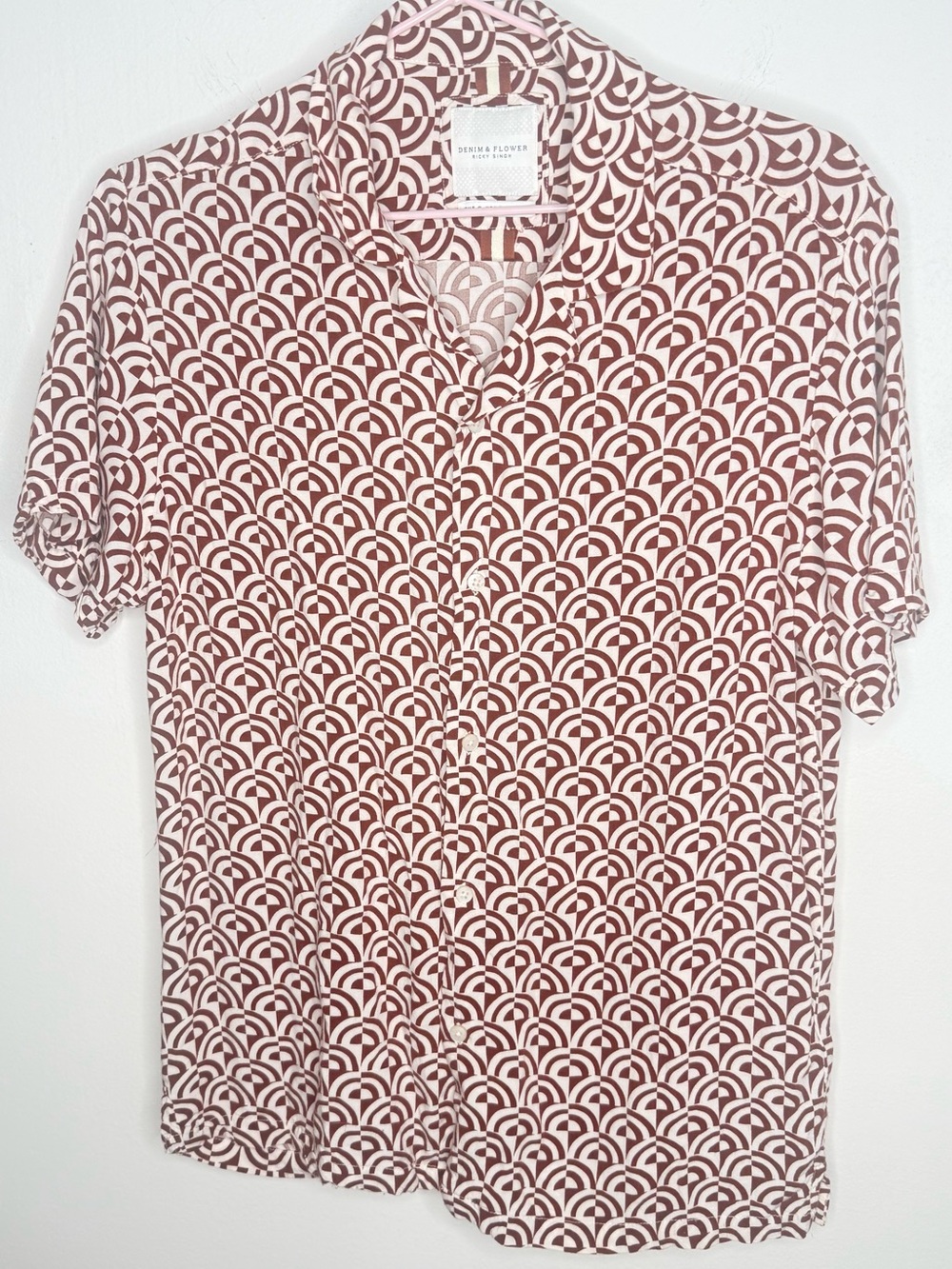 Denim & Flower Men’s Short Sleeve Geometric Print Shirt - Cream & Brown